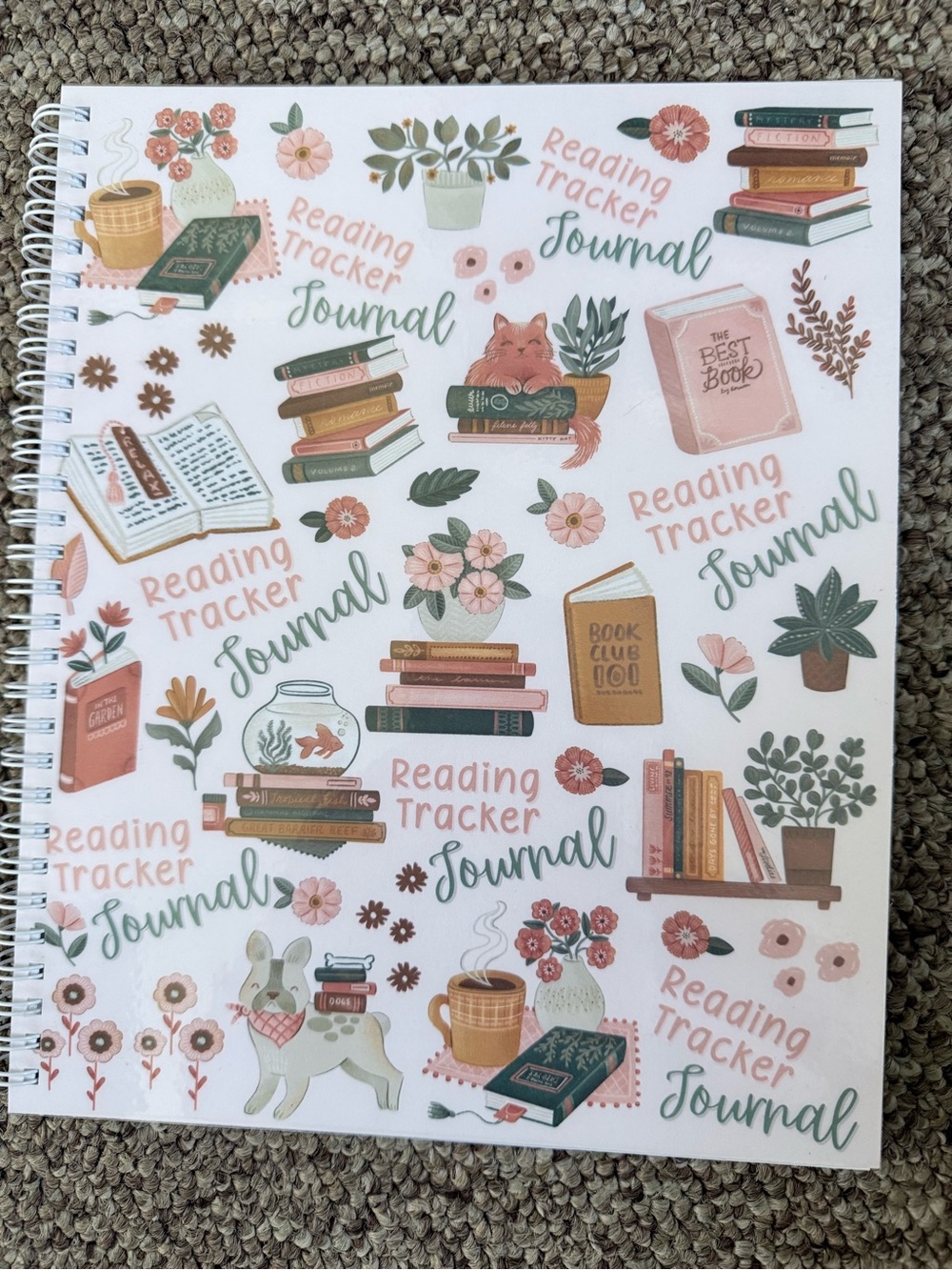 Reading Tracker Journal - Illustrated Floral & Book Design (Pink, Green, Brown)